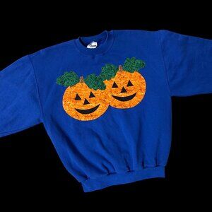 Vintage Halloween Pumpkin Sweatshirt Pullover Fall Jack O Lantern Blue 1990s Med